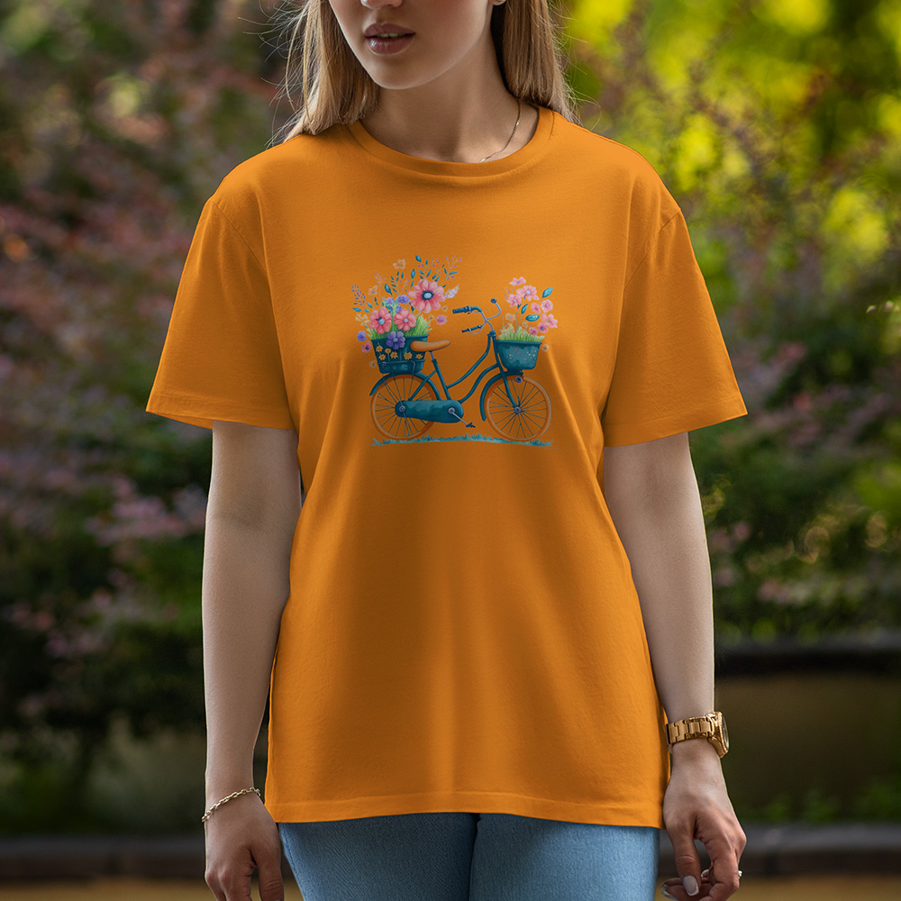 Cycle With Flowers - Half Sleeve T-Shirt For Women