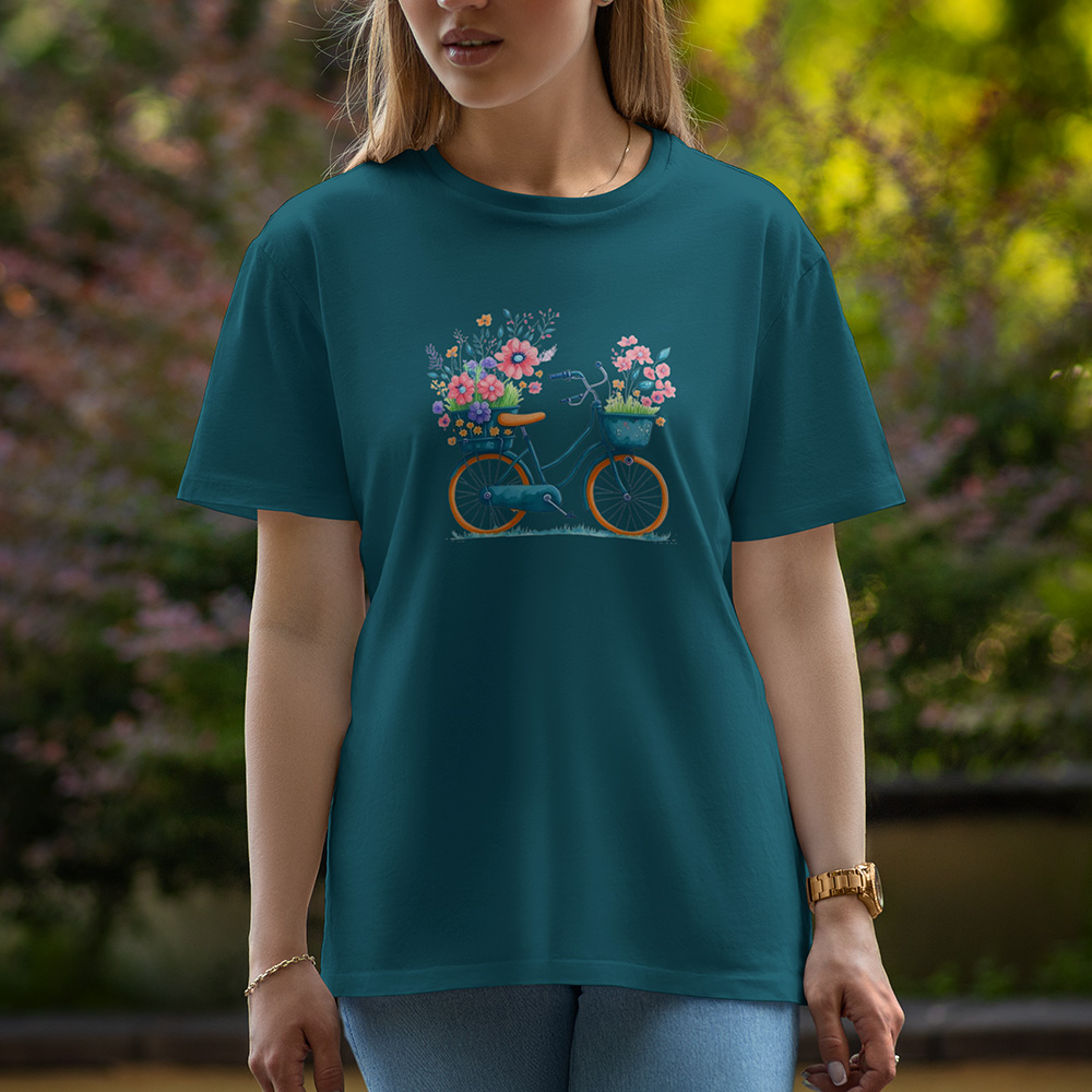 Cycle With Flowers - Half Sleeve T-Shirt For Women