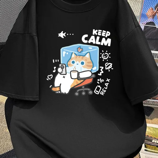 Men's Casual Cotton T-Shirt with Cartoon Cat Print, Summer American Style, Loose Fit, Round Neck, Stretch Fabric, Youth Fashion Top