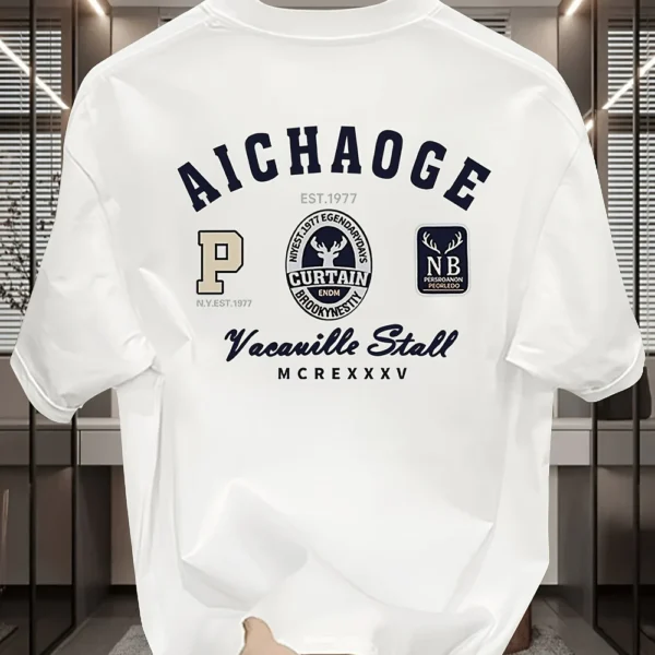 Men's Casual Cotton T-Shirt – Aichao Geometric Print Loose Fit, Breathable & Moisture-Wicking