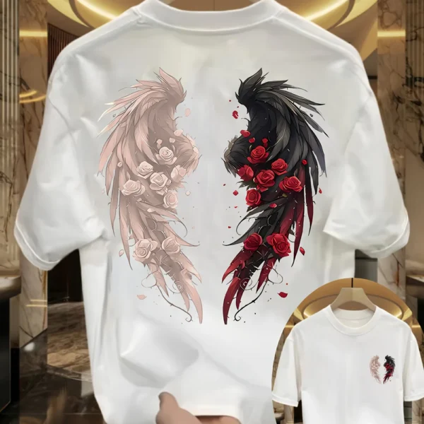 Unisex Summer Sports Tee – Loose Fit with Dual-Color Rose Wing Design Flattering & Breathable