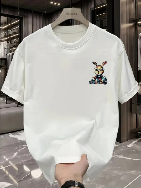 Men's Trendy Cotton Graphic T-Shirt - Black Rabbit Design, Loose Fit, Short Sleeve, Casual Summer Tee for Casual Attire