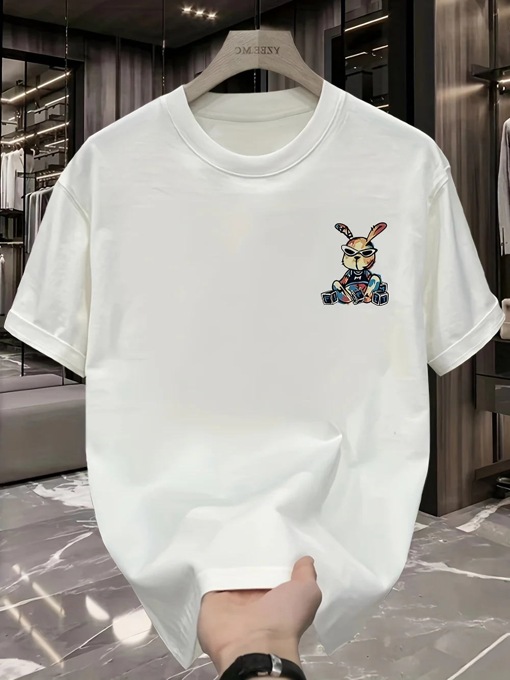 Men's Trendy Cotton Graphic T-Shirt - Black Rabbit Design, Loose Fit, Short Sleeve, Casual Summer Tee for Casual Attire