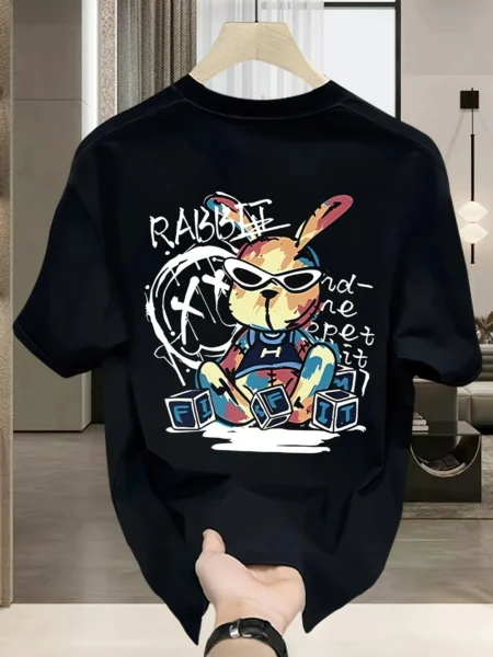 Men's Trendy Cotton Graphic T-Shirt - Black Rabbit Design, Loose Fit, Short Sleeve, Casual Summer Tee for Casual Attire