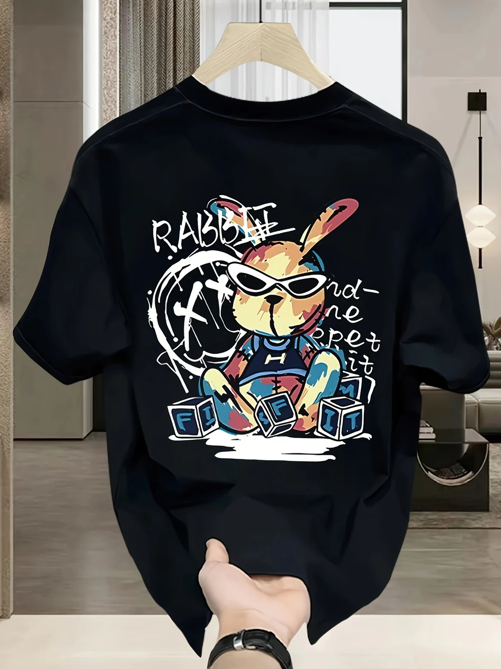 Men's Trendy Cotton Graphic T-Shirt - Black Rabbit Design, Loose Fit, Short Sleeve, Casual Summer Tee for Casual Attire