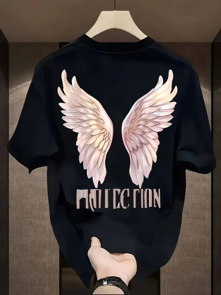 Unisex Protection Graphic T-Shirt – Black Wings Design Relaxed Fit, Casual Summer Tee