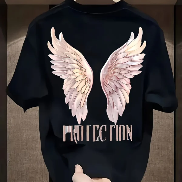 Unisex Protection Graphic T-Shirt – Black Wings Design Relaxed Fit, Casual Summer Tee