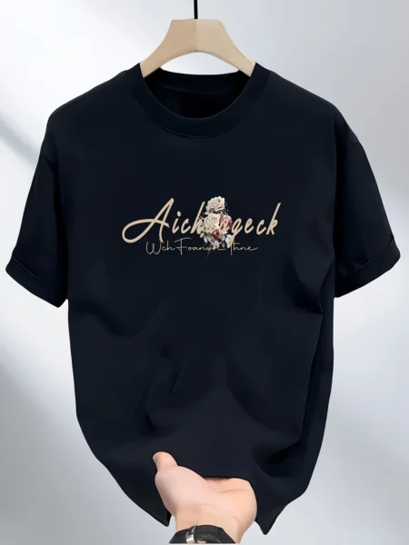 Men's Heavyweight 100% Cotton T-Shirt – Black Hip-Hop Rose & Script Print