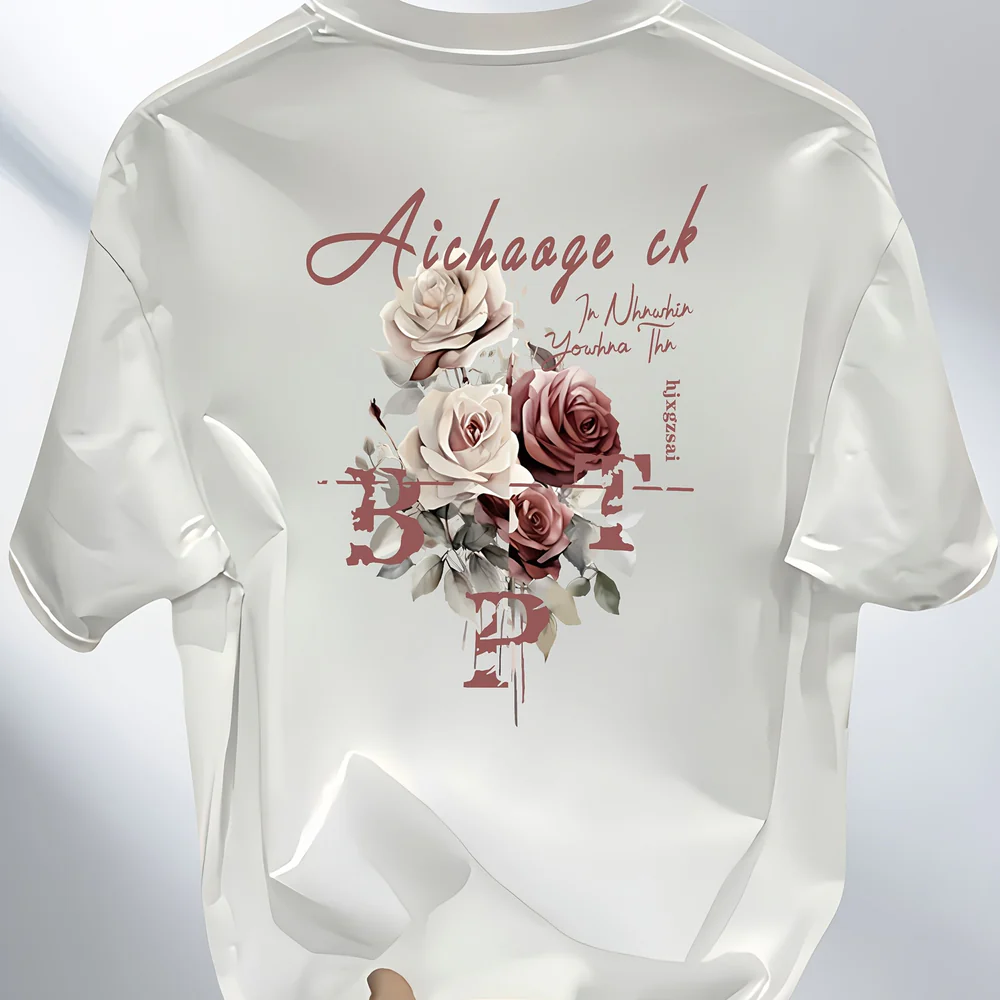Men's Heavyweight 100% Cotton T-Shirt – Black Hip-Hop Rose & Script Print