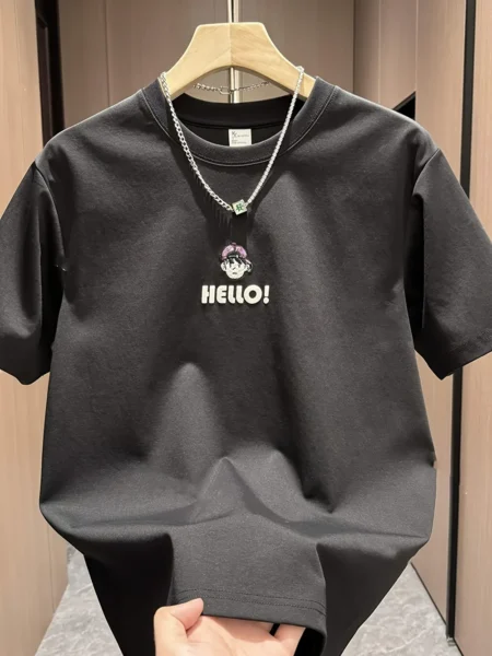 Men’s Summer Tee – HELLO! Cartoon Print, Breathable Cotton Fit