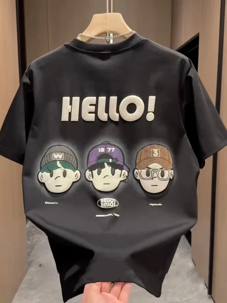 Men’s Summer Tee – HELLO! Cartoon Print, Breathable Cotton Fit