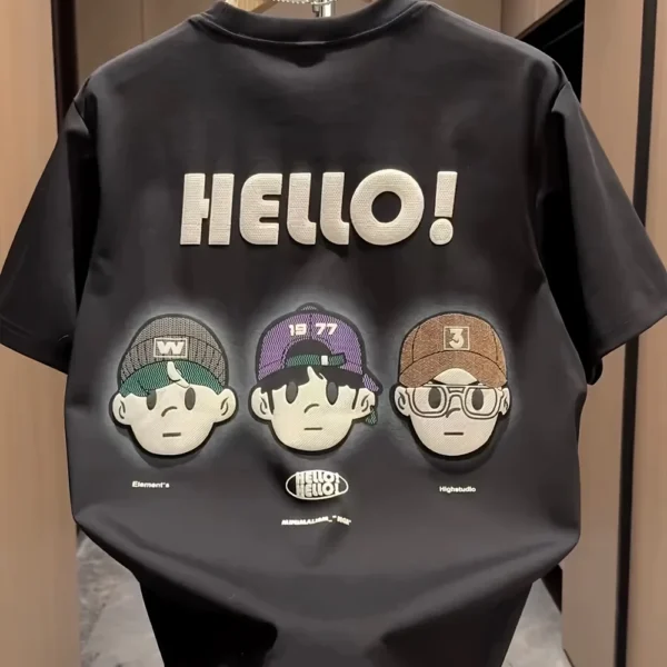 Men’s Summer Tee – HELLO! Cartoon Print, Breathable Cotton Fit