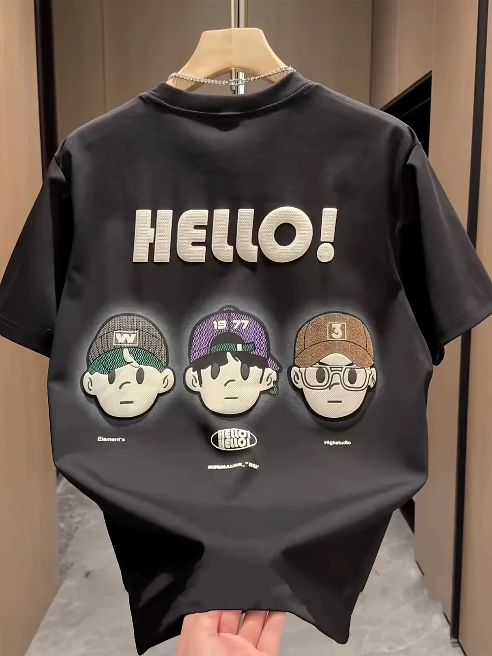 Men’s Summer Tee – HELLO! Cartoon Print, Breathable Cotton Fit