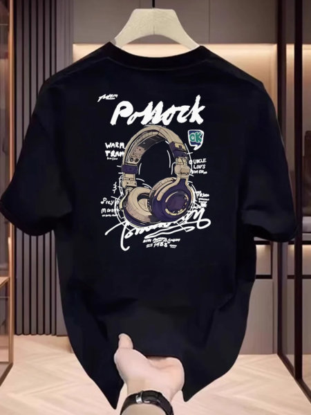 Men's Cotton Short Sleeve T-Shirt with Headphones Graphic Print