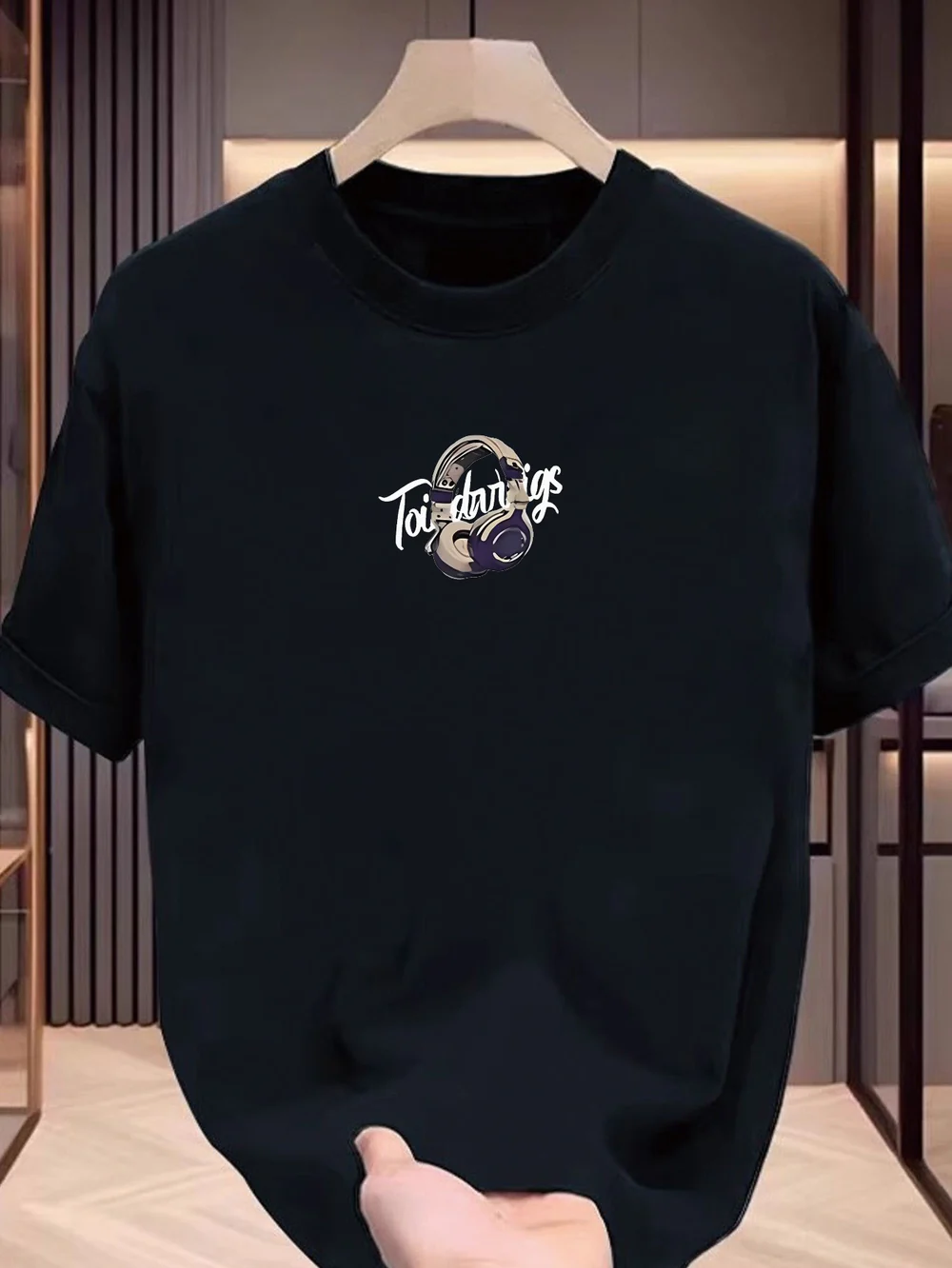 Men's Cotton Short Sleeve T-Shirt with Headphones Graphic Print