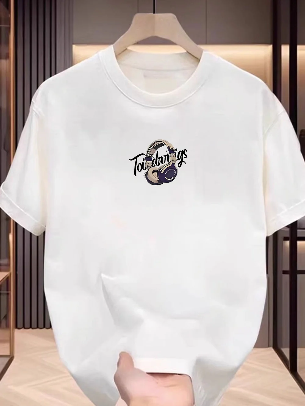 Men's Cotton Short Sleeve T-Shirt with Headphones Graphic Print