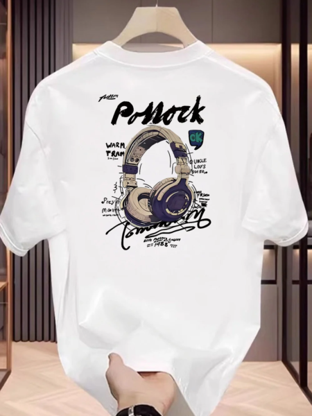 Men's Cotton Short Sleeve T-Shirt with Headphones Graphic Print