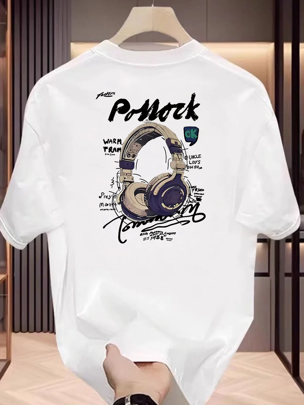 Men's Cotton Short Sleeve T-Shirt with Headphones Graphic Print