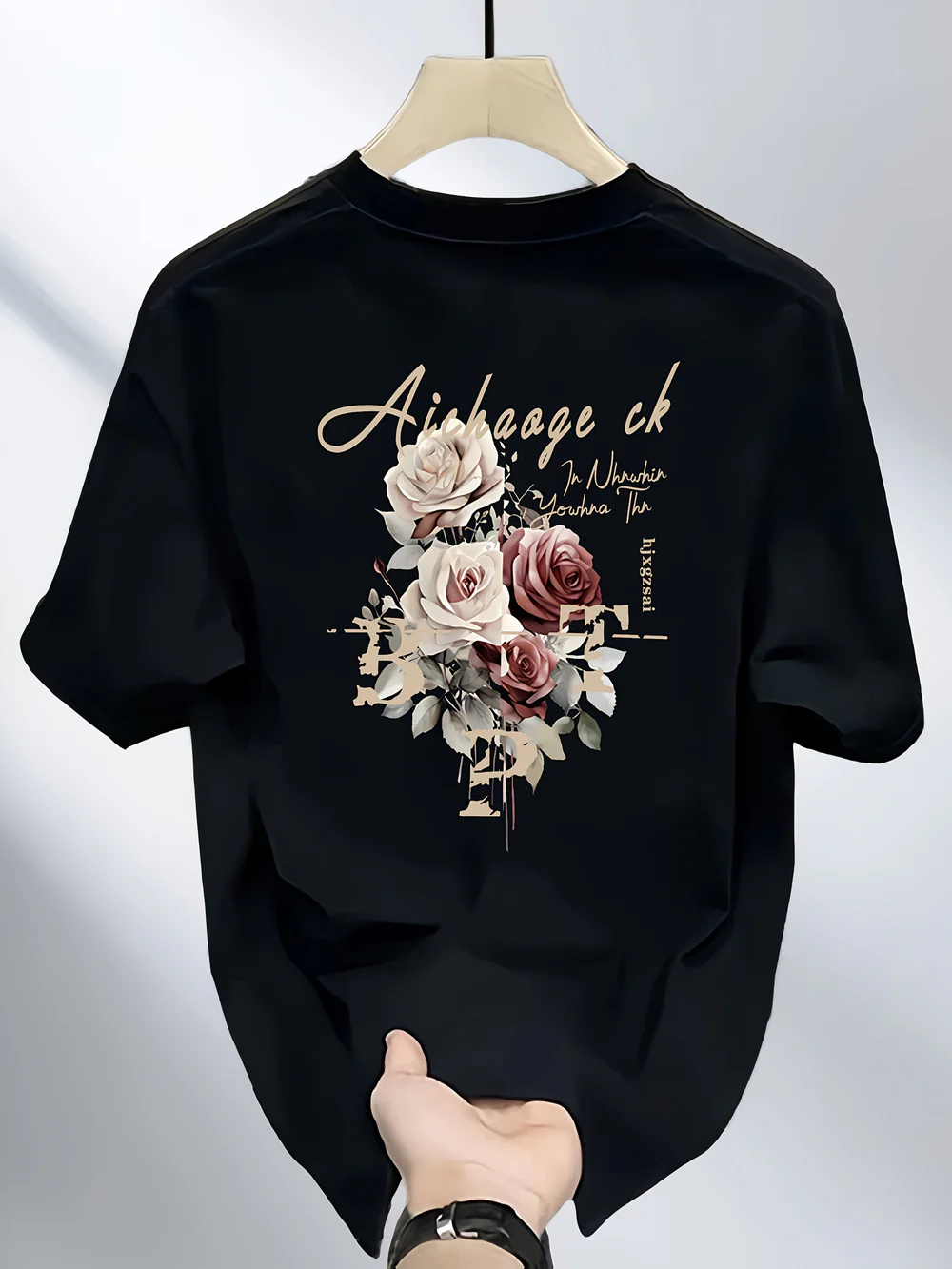 Men's Heavyweight 100% Cotton T-Shirt – Black Hip-Hop Rose & Script Print