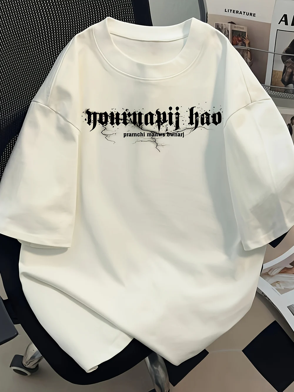 Men's Graphic Cotton Tee – Asymmetric Hem, Loose Fit Streetwear