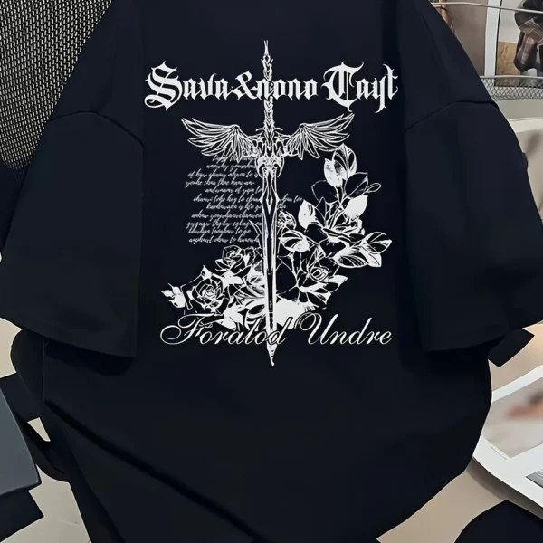 Men's Gothic Eagle T-Shirt – "Savina & Ana Troy" Graphic, Loose Fit, All-Season Comfort