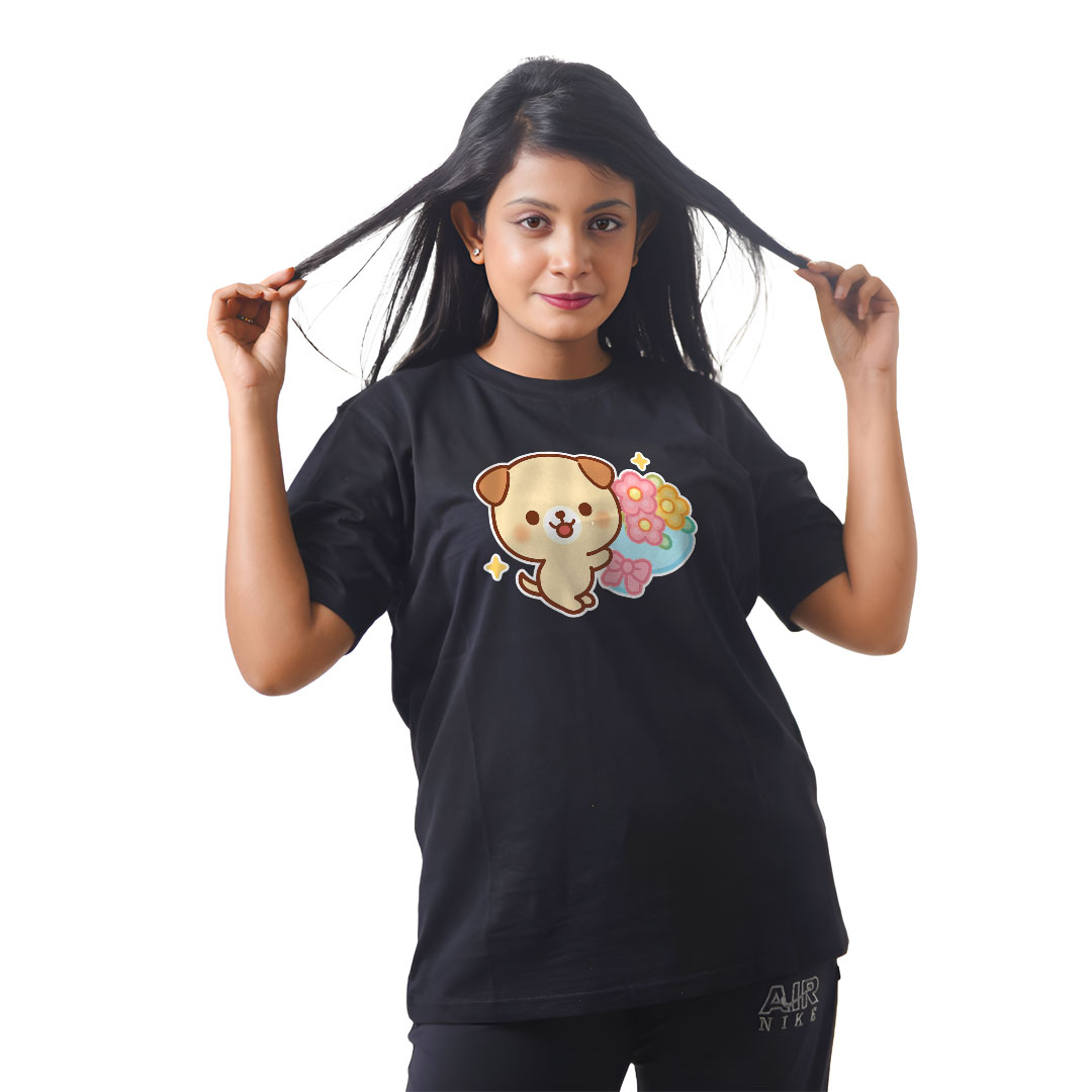 Cute Dog With Flower Women’s Tees T-Shirts