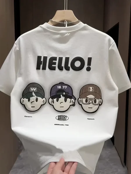 Men’s Summer Tee – HELLO! Cartoon Print, Breathable Cotton Fit