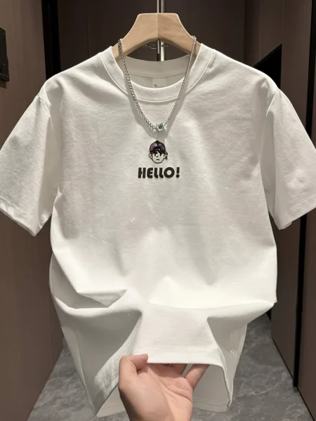 Men’s Summer Tee – HELLO! Cartoon Print, Breathable Cotton Fit