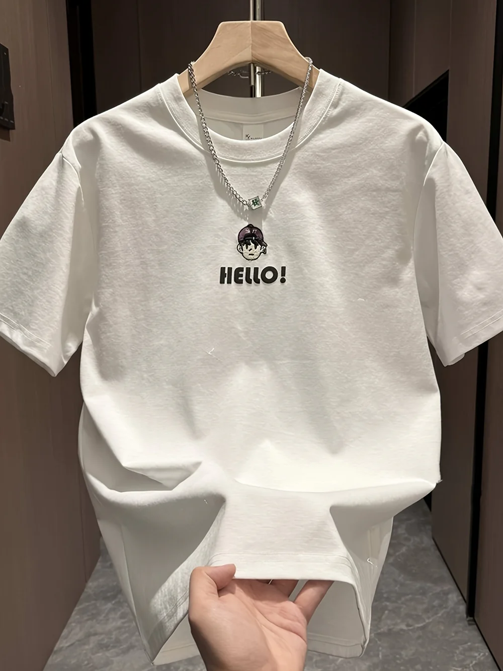 Men’s Summer Tee – HELLO! Cartoon Print, Breathable Cotton Fit