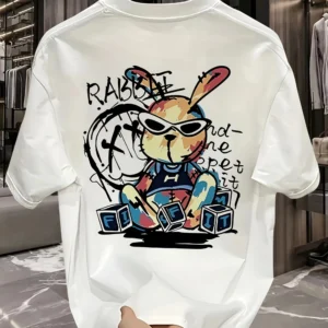 Men's Trendy Cotton Graphic T-Shirt - Black Rabbit Design, Loose Fit, Short Sleeve, Casual Summer Tee for Casual Attire
