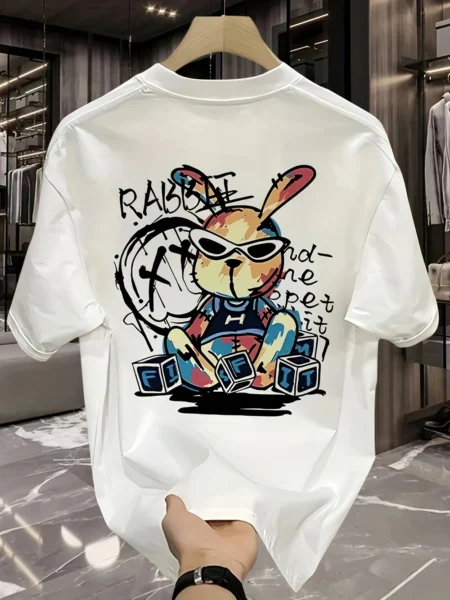 Men's Trendy Cotton Graphic T-Shirt - Black Rabbit Design, Loose Fit, Short Sleeve, Casual Summer Tee for Casual Attire