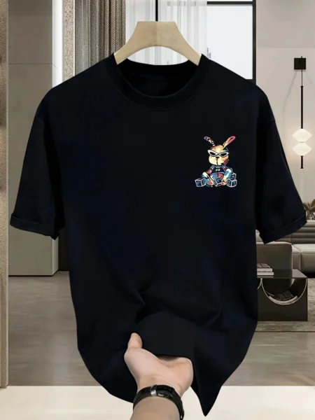 Men's Trendy Cotton Graphic T-Shirt - Black Rabbit Design, Loose Fit, Short Sleeve, Casual Summer Tee for Casual Attire