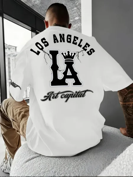 Men's Korean Style T-Shirt – LA Crown Graphic, Loose Fit, Summer Casual Tee
