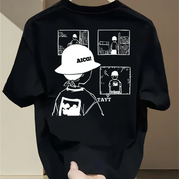 100% Cotton Heavyweight Tee – Korean Style, Geometric Print