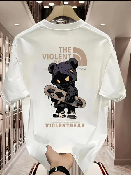 Heavyweight Cotton T-Shirt – Violent Bear Print, Street Style