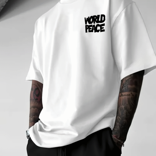 Men’s Streetwear T-Shirt – World Peace Sign Graphic, Loose Fit3