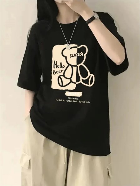 Women's Cartoon Bear Print T-Shirt – Loose Fit Summer Top