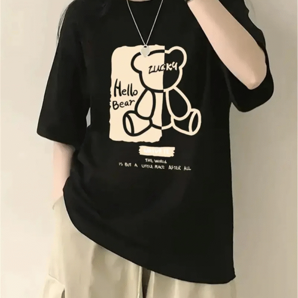 Women's Cartoon Bear Print T-Shirt – Loose Fit Summer Top