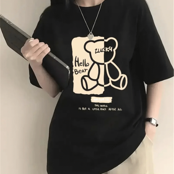 Women’s Cartoon Bear Print T-Shirt – Loose Fit Summer Top2