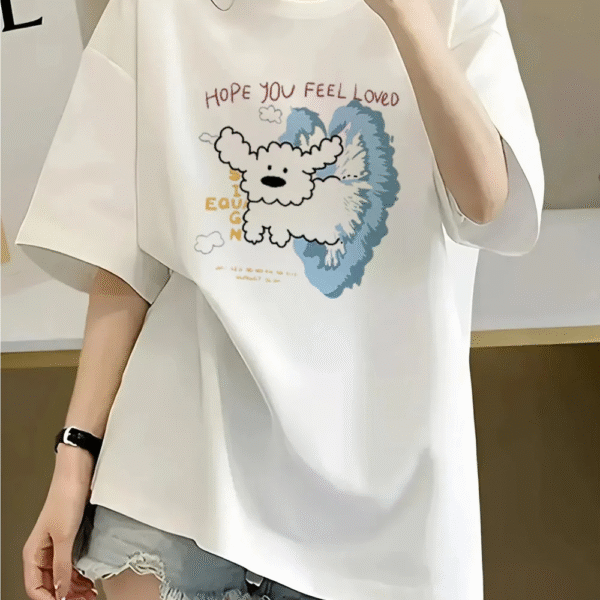 Women's Casual T-Shirt with Cute Cartoon Dog & 'Hope You Feel Loved' Print