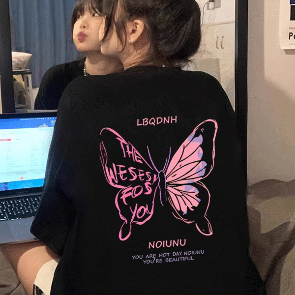 Women's Oversized 220gsm Cotton T-Shirt – Pink & Purple Butterfly Graphic