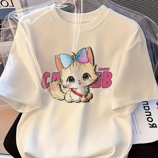 Women's White Short-Sleeve Tee – Cute Cat Graphic Print, Loose Fit