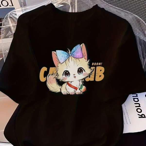 Women’s White Short-Sleeve Tee – Cute Cat Graphic Print, Loose Fit2