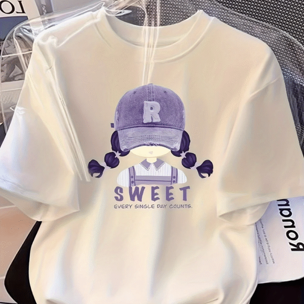 Women's Y2K Oversized Cotton T-Shirt – Purple Cap Cartoon 'SWEET' Print