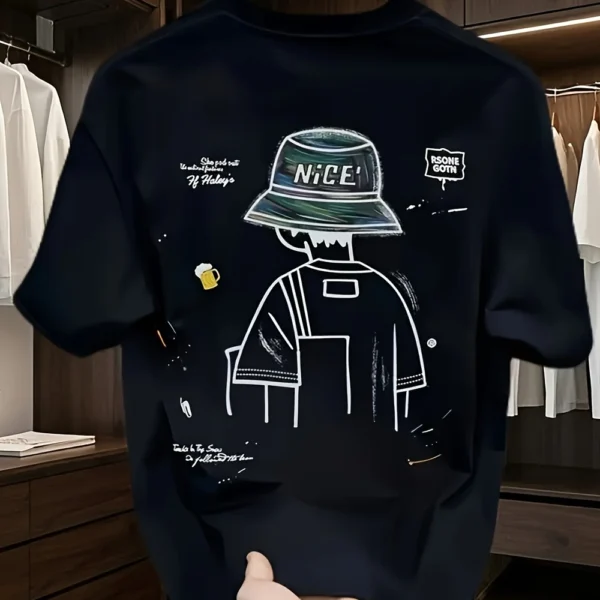 Men's Oversized Cartoon T-Shirt – NICE Hat Graphic, Streetwear Style
