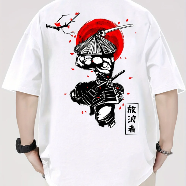Men's 100% Cotton Samurai & Cherry Blossom Graphic Tee – Casual Short Sleeve