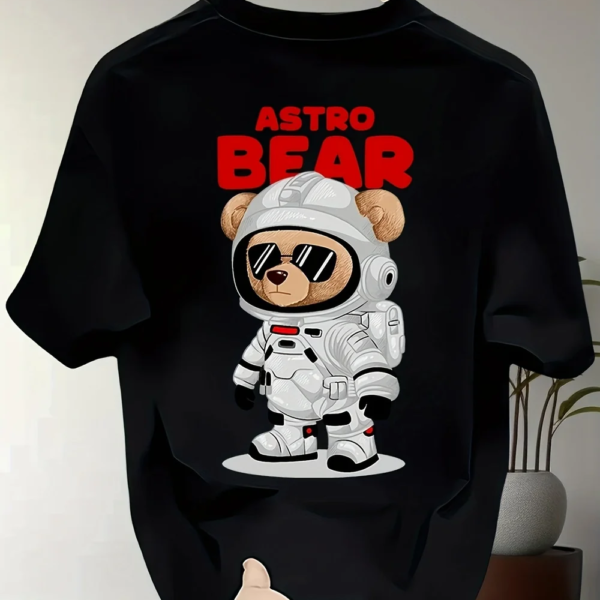 Men's Heavyweight Cotton Astronaut Bear Graphic T-Shirt – Black Oversized Summer Tee
