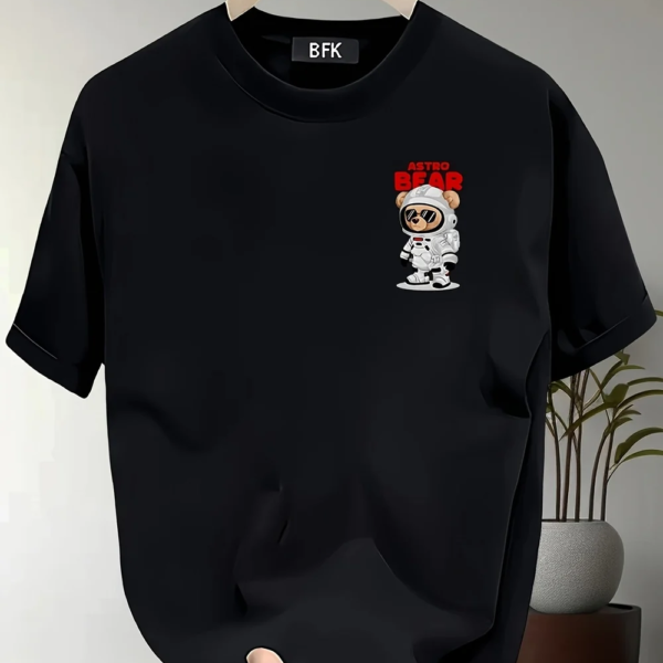 Men’s Heavyweight Cotton Astronaut Bear Graphic T-Shirt – Black Oversized Summer Tee – JecJac (4)