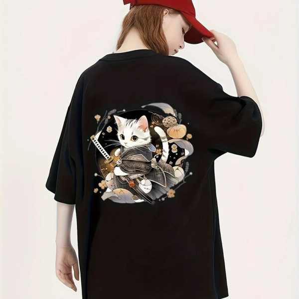 Kawaii Cat & Samurai Tee – Women's Loose Fit Black Graphic T-Shirt