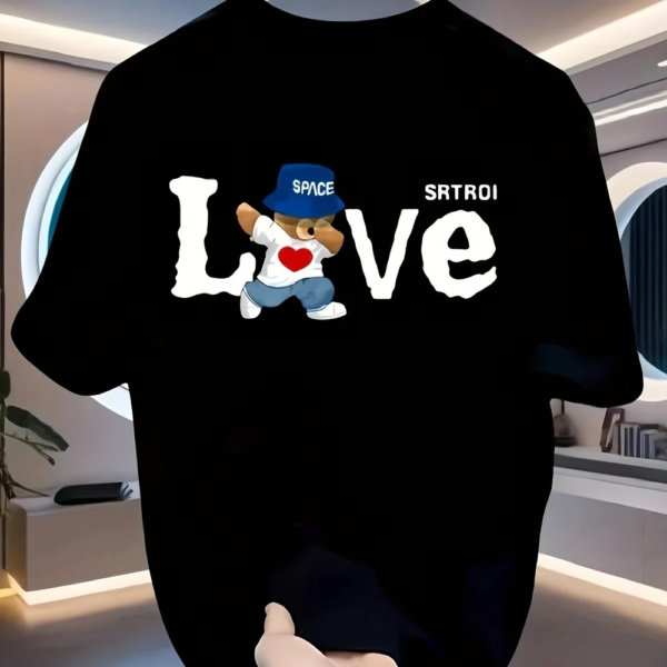 Men's Heavyweight 100% Cotton T-Shirt - Black Retro Streetwear Tee with LOVE Graphic